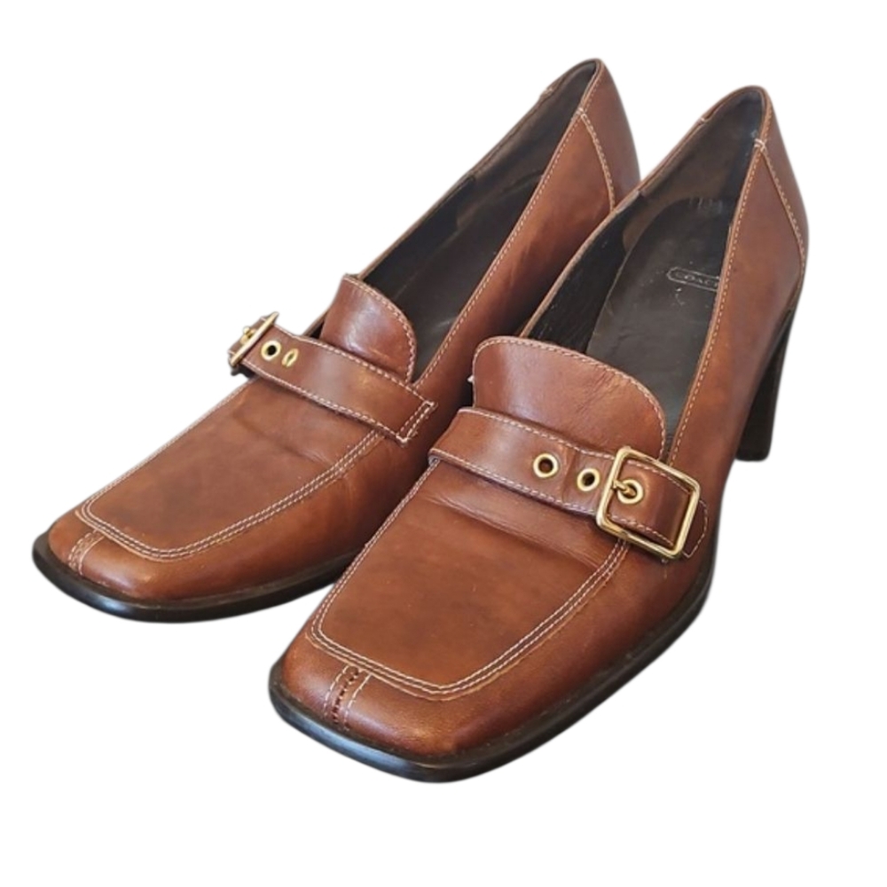 Coach Edith Brown Leather Chunky Heeled Loafers, Size 8B